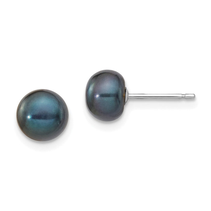 Million Charms 14k White Gold 6-7mm Black Button Freshwater Cultured Pearl Stud Post Earrings, 6 to 7mm x 6 to 7mm