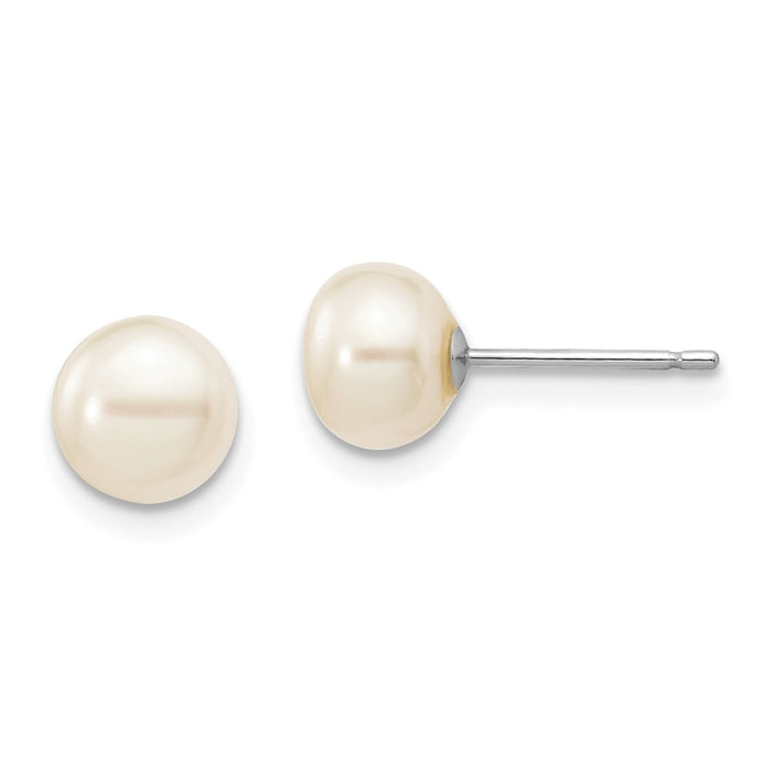 Million Charms 14k White Gold 6-7mm White Button Freshwater Cultured Pearl Stud Post Earrings, 6 to 7mm x 6 to 7mm