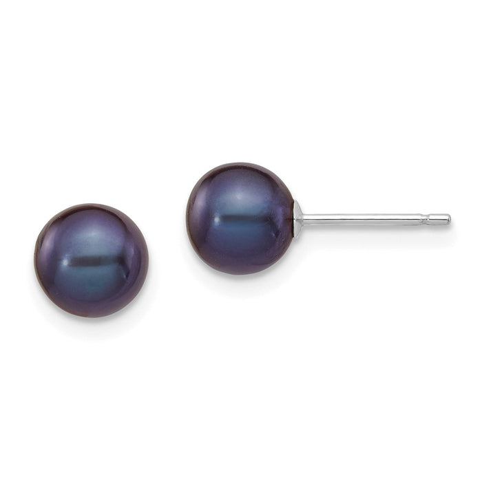Million Charms 14k White Gold 6-7mm Black Round Freshwater Cultured Pearl Stud Post Earrings, 6 to 7mm x 6 to 7mm