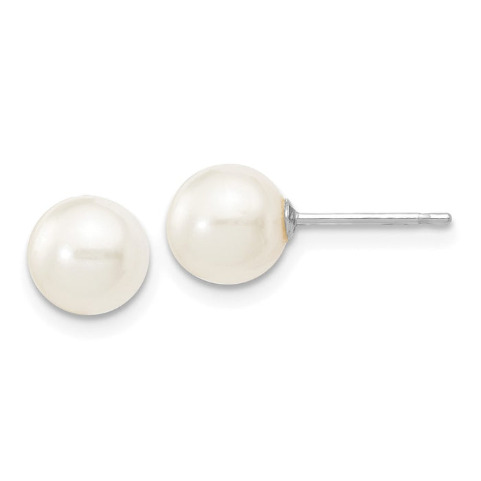Million Charms 14k White Gold 6-7mm White Round Freshwater Cultured Pearl Stud Post Earrings, 6 to 7mm x 6 to 7mm