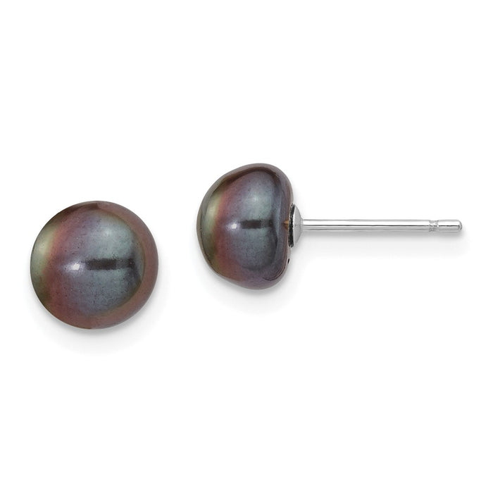 Million Charms 14k White Gold 7-8mm Black Button Freshwater Cultured Pearl Stud Post Earrings, 7 to 8mm x 7 to 8mm