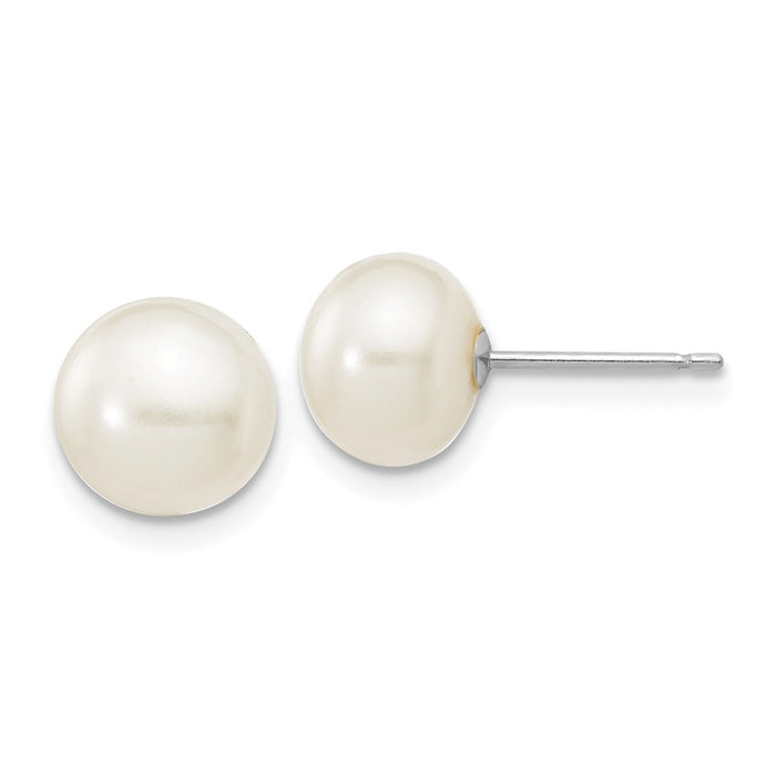 Million Charms 14k White Gold 7-8mm White Button Freshwater Cultured Pearl Stud Post Earrings, 7 to 8mm x 7 to 8mm