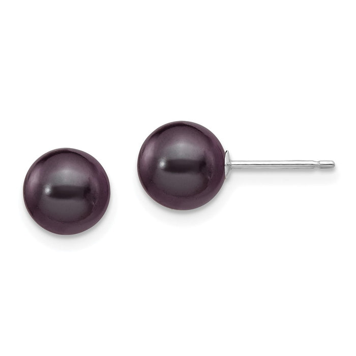 Million Charms 14k White Gold 7-8mm Black Round Freshwater Cultured Pearl Stud Post Earrings, 7 to 8mm x 7 to 8mm