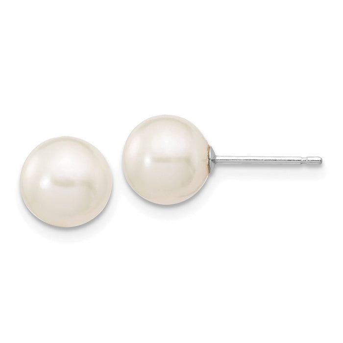 Million Charms 14k White Gold 7-8mm White Round Freshwater Cultured Pearl Stud Post Earrings, 7 to 8mm x 7 to 8mm