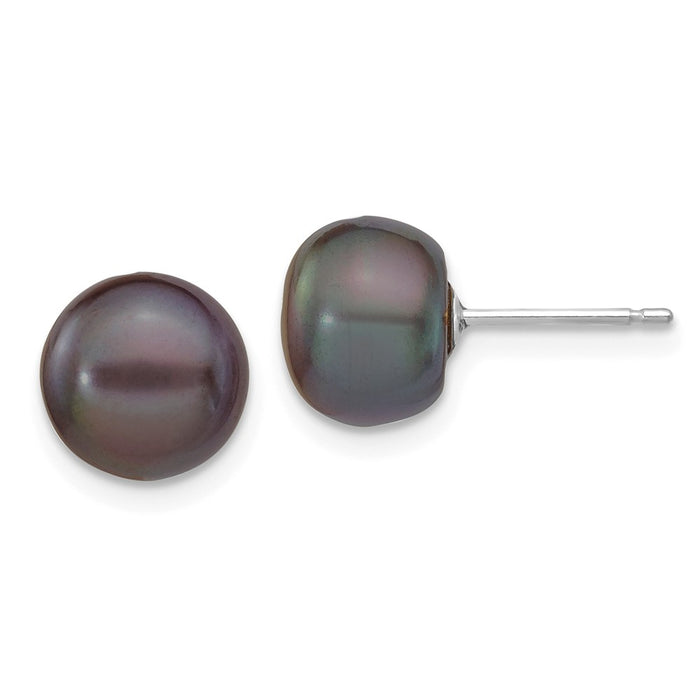 Million Charms 14k White Gold 8-9mm Black Button Freshwater Cultured Pearl Stud Post Earrings, 8 to 9mm x 8 to 9mm