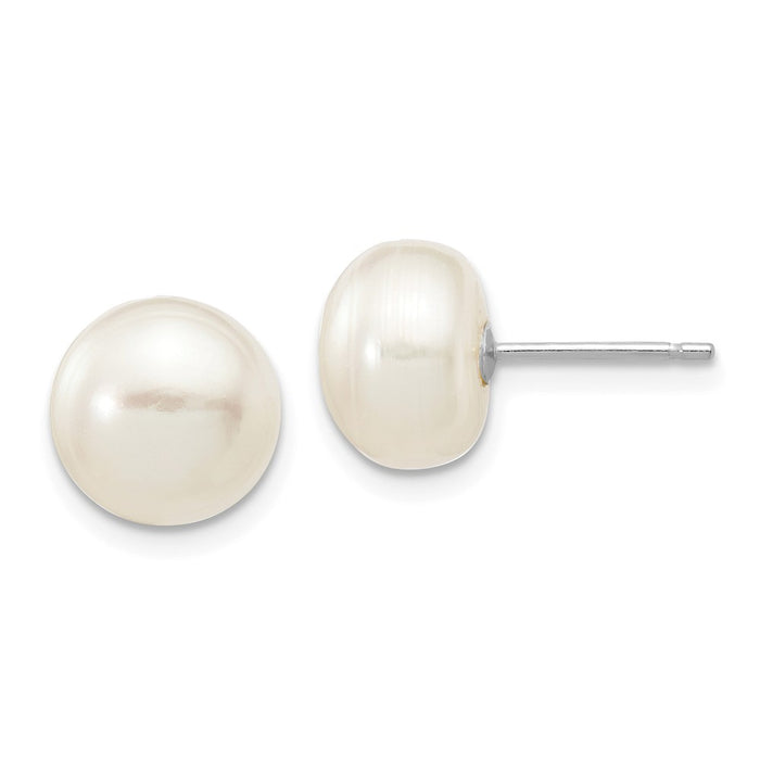 Million Charms 14k White Gold 8-9mm White Button Freshwater Cultured Pearl Stud Post Earrings, 8 to 9mm x 8 to 9mm