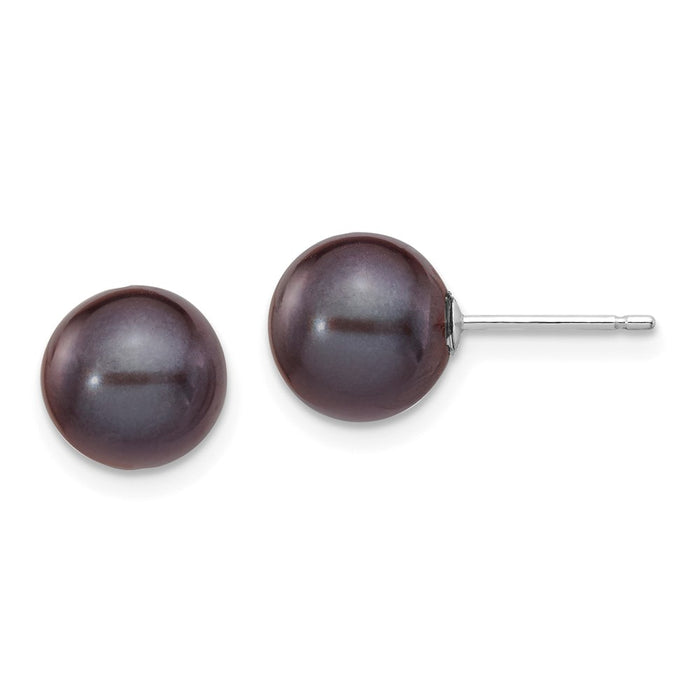Million Charms 14k White Gold 8-9mm Black Round Freshwater Cultured Pearl Stud Post Earrings, 8 to 9mm x 8 to 9mm