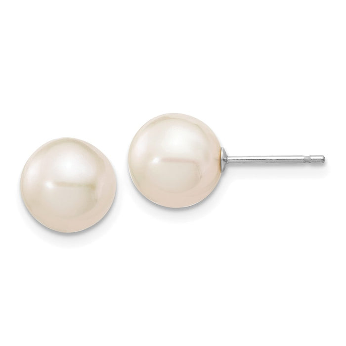 Million Charms 14k White Gold 8-9mm White Round Freshwater Cultured Pearl Stud Post Earrings, 8 to 9mm x 8 to 9mm