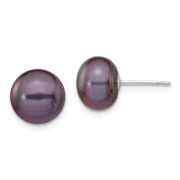 Million Charms 14k White Gold 9-10mm Black Button Freshwater Cultured Pearl Stud Post Earrings, 9 to 10mm x 9 to 10mm