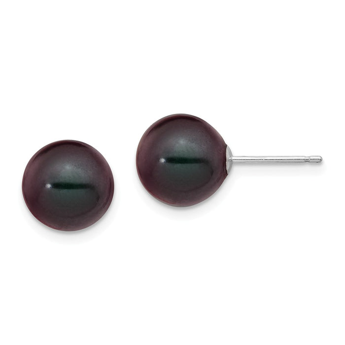 Million Charms 14k White Gold 9-10mm Black Round Freshwater Cultured Pearl Stud Post Earrings, 9 to 10mm x 9 to 10mm