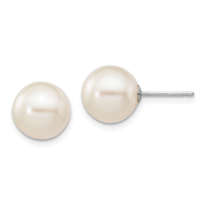 Million Charms 14k White Gold 9-10mm White Round Freshwater Cultured Pearl Stud Post Earrings, 9 to 10mm x 9 to 10mm