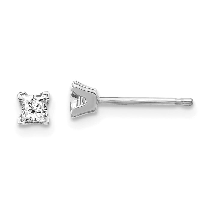 Million Charms 14k White Gold AA Quality Complete Princess Cut Diamond Earrings, 3mm x 3mm