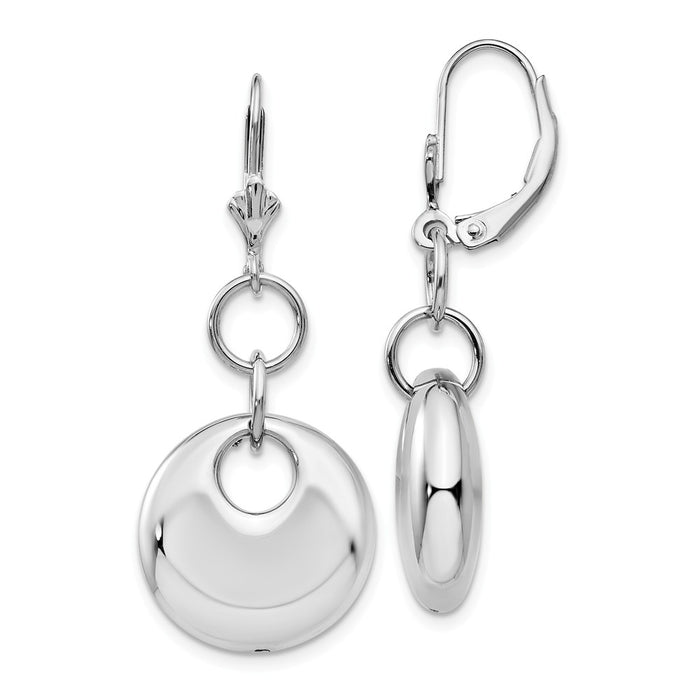 Million Charms 14k White Gold Round Puff Dangle Leverback Earrings, 39mm x 16mm
