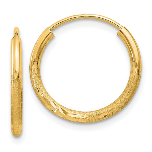 Million Charms 14k Yellow Gold 1.5mm Satin Diamond-cut Endless Hoop Earrings, 14mm x 14mm