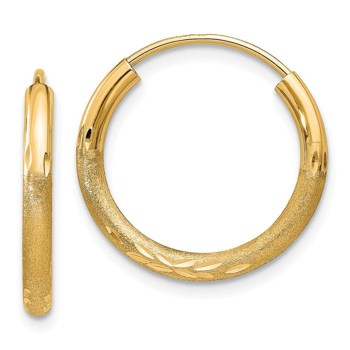 Million Charms 14k Yellow Gold 2mm Satin Diamond-cut Endless Hoop Earrings, 18mm x 18mm