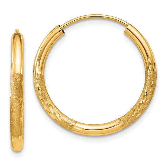 Million Charms 14k Yellow Gold 2mm Satin Diamond-cut Endless Hoop Earrings, 20mm x 20mm