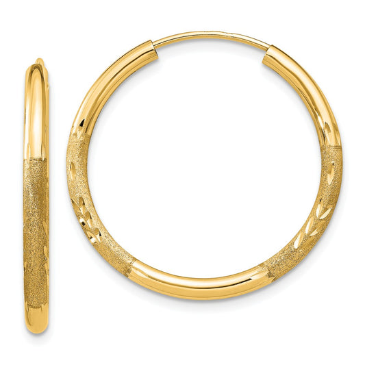Million Charms 14k Yellow Gold 2mm Satin Diamond-cut Endless Hoop Earrings, 21mm x 21mm