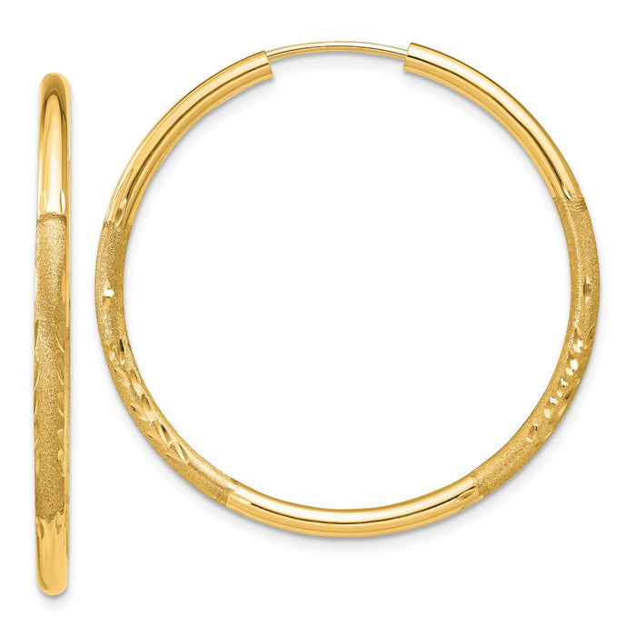 Million Charms 14k Yellow Gold 2mm Satin Diamond-cut Endless Hoop Earrings, 30mm x 30mm