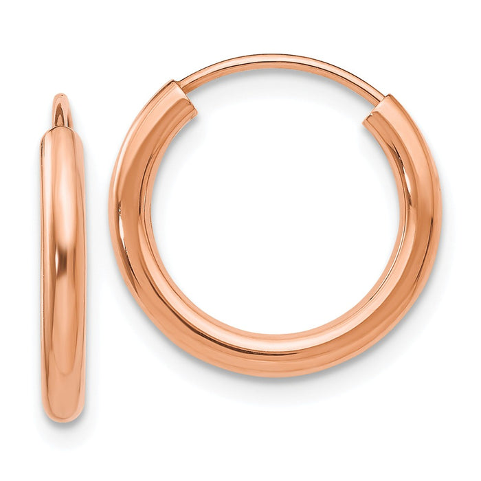 Million Charms 14k Rose Gold Polished Round Endless 2mm Hoop Earrings, 15.2mm x 15.5mm