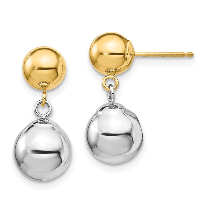 Million Charms 14k Two-tone Polished Ball Dangle Post Earrings, 17mm x 8mm
