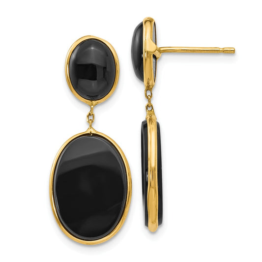 Million Charms 14k Yellow Gold Onyx Oval Dangle Earrings, 31mm x 11mm