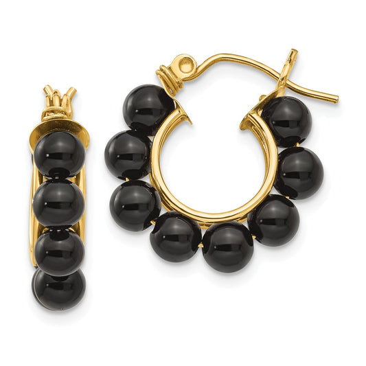 Million Charms 14k Yellow Gold Onyx Beaded Hoop Earrings, 19mm x 19mm