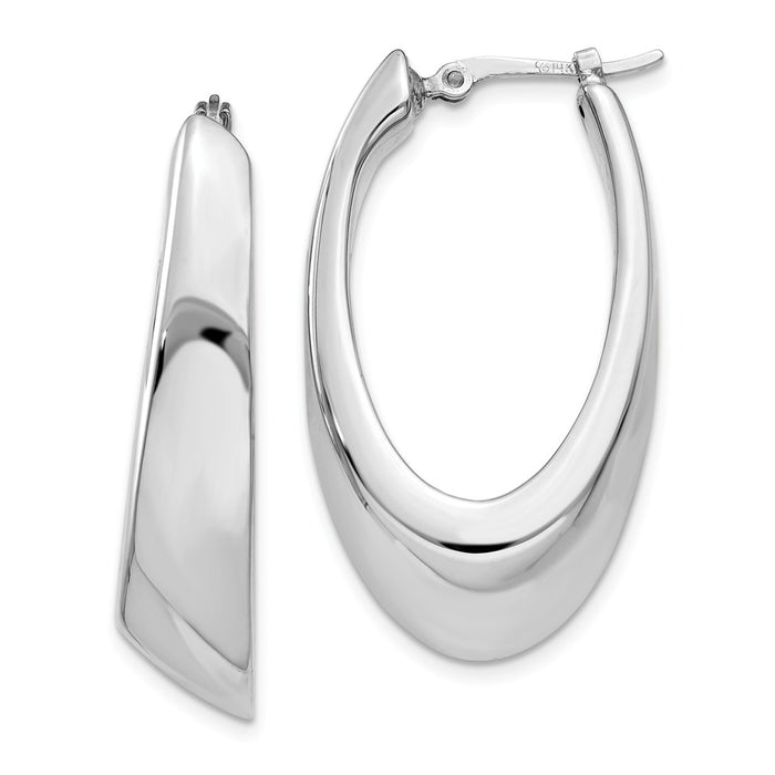 Million Charms 14k White Gold Tapered Slanted Oval Hoop Earrings, 29mm x 7mm
