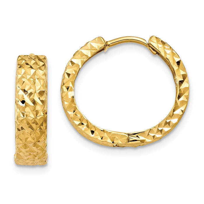 Million Charms 14k Yellow Gold Diamond-cut Hinged Hoop Earrings, 12mm x 4mm