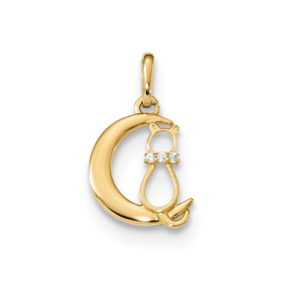 Million Charms 14K Yellow Gold Themed Childrens (Cubic Zirconia) CZ Cat, Moon Pendant