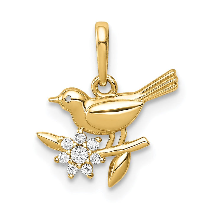 Million Charms 14K Yellow Gold Themed Bird On A Branch (Cubic Zirconia) CZ Pendant