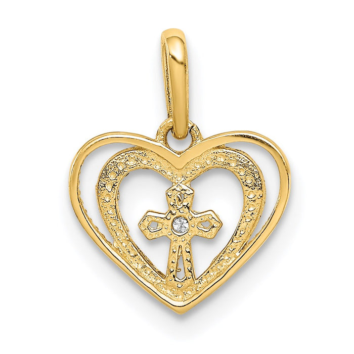 Million Charms 14K Yellow Gold Themed Diamond-Cut Heart With Relgious Cross & (Cubic Zirconia) CZ Pendant