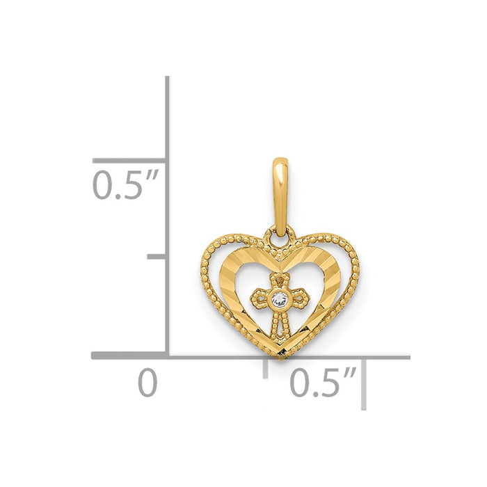 Million Charms 14K Yellow Gold Themed Diamond-Cut Heart With Relgious Cross & (Cubic Zirconia) CZ Pendant