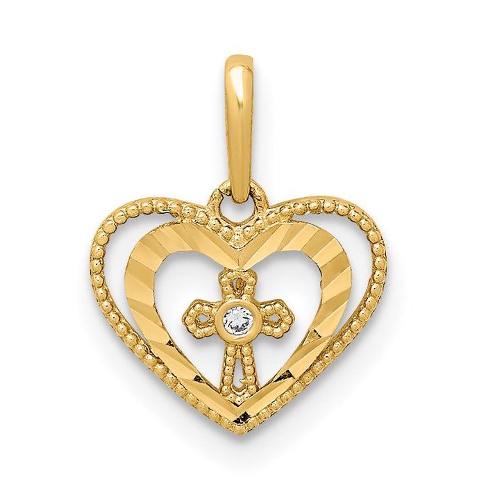 Million Charms 14K Yellow Gold Themed Diamond-Cut Heart With Relgious Cross & (Cubic Zirconia) CZ Pendant