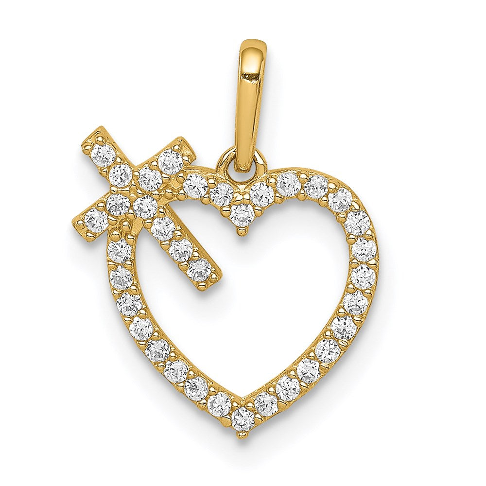 Million Charms 14K Yellow Gold Themed (Cubic Zirconia) CZ Heart With Relgious Cross Pendant