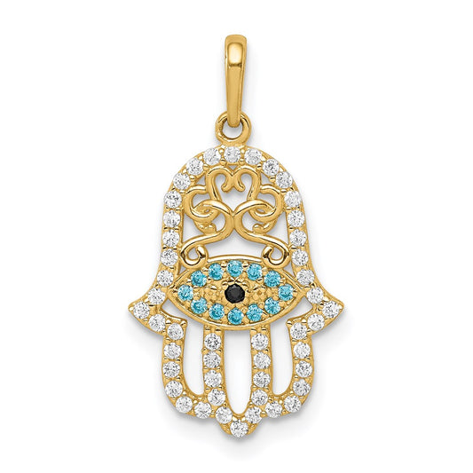 Million Charms 14K Yellow Gold Themed Multi-Colored (Cubic Zirconia) CZ Hamsa Pendant