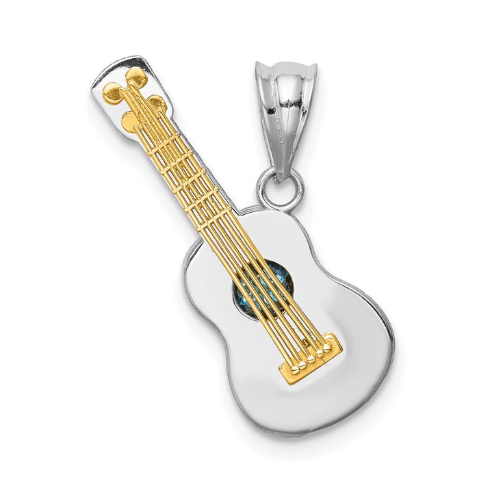 Million Charms 14K Two-Tone Polished With Blue Topaz .35Bt Guitar Pendant