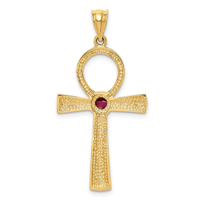 Million Charms 14K Yellow Gold Themed Polished, Cabochon Ruby .44R Ankh Pendant