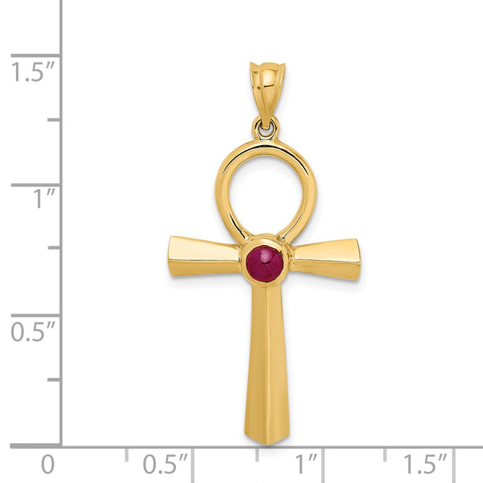 Million Charms 14K Yellow Gold Themed Polished, Cabochon Ruby .44R Ankh Pendant