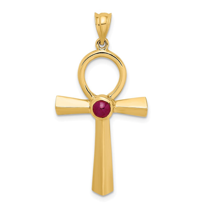 Million Charms 14K Yellow Gold Themed Polished, Cabochon Ruby .44R Ankh Pendant