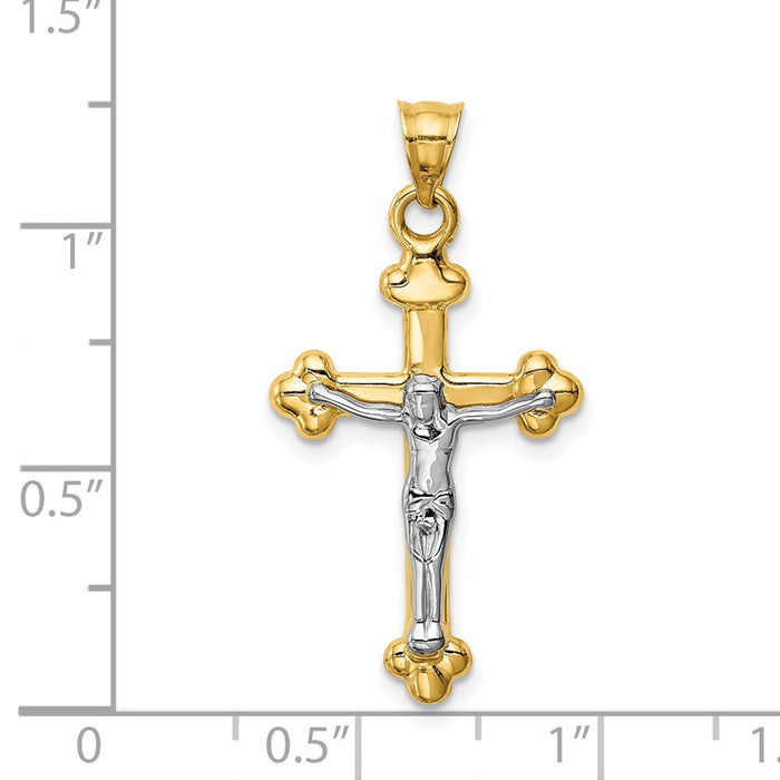 Million Charms 14K Yellow Gold Themed With Rhodium-plated Fleur De Lis Relgious Crucifix Pendant