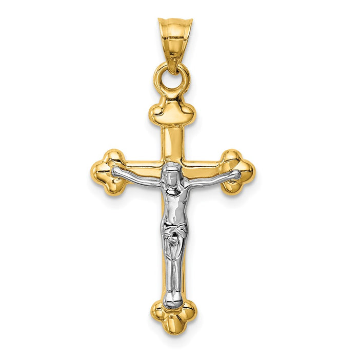 Million Charms 14K Yellow Gold Themed With Rhodium-plated Fleur De Lis Relgious Crucifix Pendant