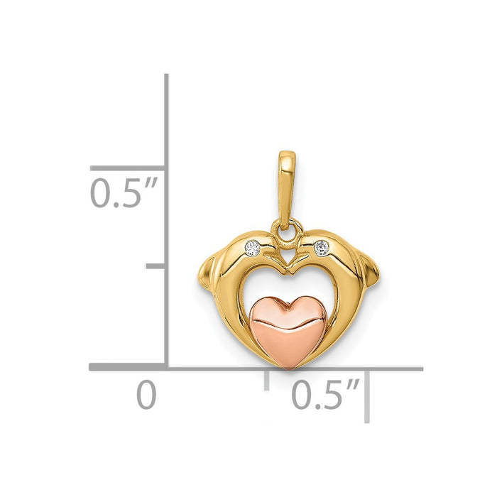 Million Charms 14K Two-Tone (Cubic Zirconia) CZ Dolphins With Heart Pendant