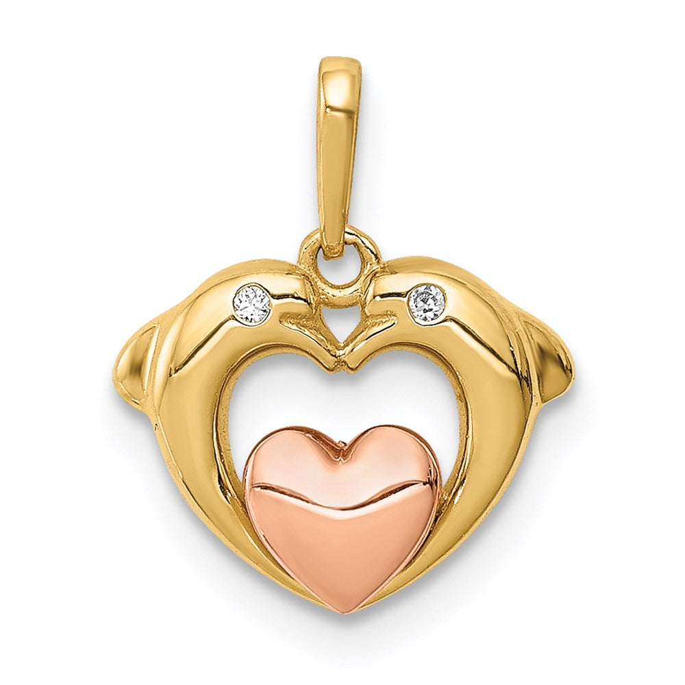 Million Charms 14K Two-Tone (Cubic Zirconia) CZ Dolphins With Heart Pendant