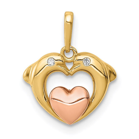 Million Charms 14K Two-Tone (Cubic Zirconia) CZ Dolphins With Heart Pendant
