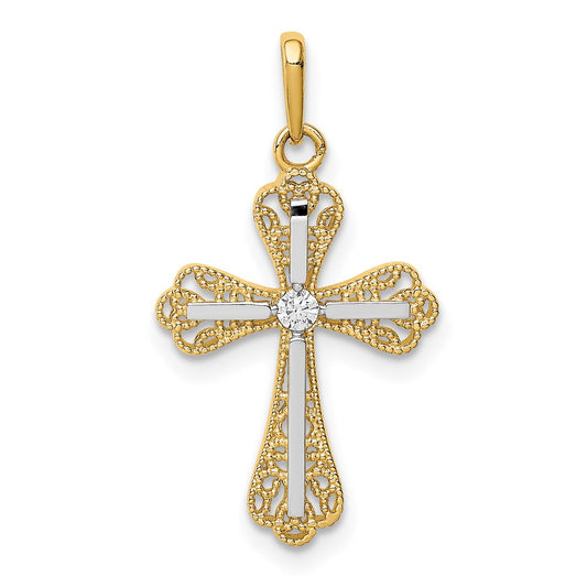 Million Charms 14K Yellow Gold Themed With Rhodium-plated (Cubic Zirconia) CZ Relgious Cross Pendant