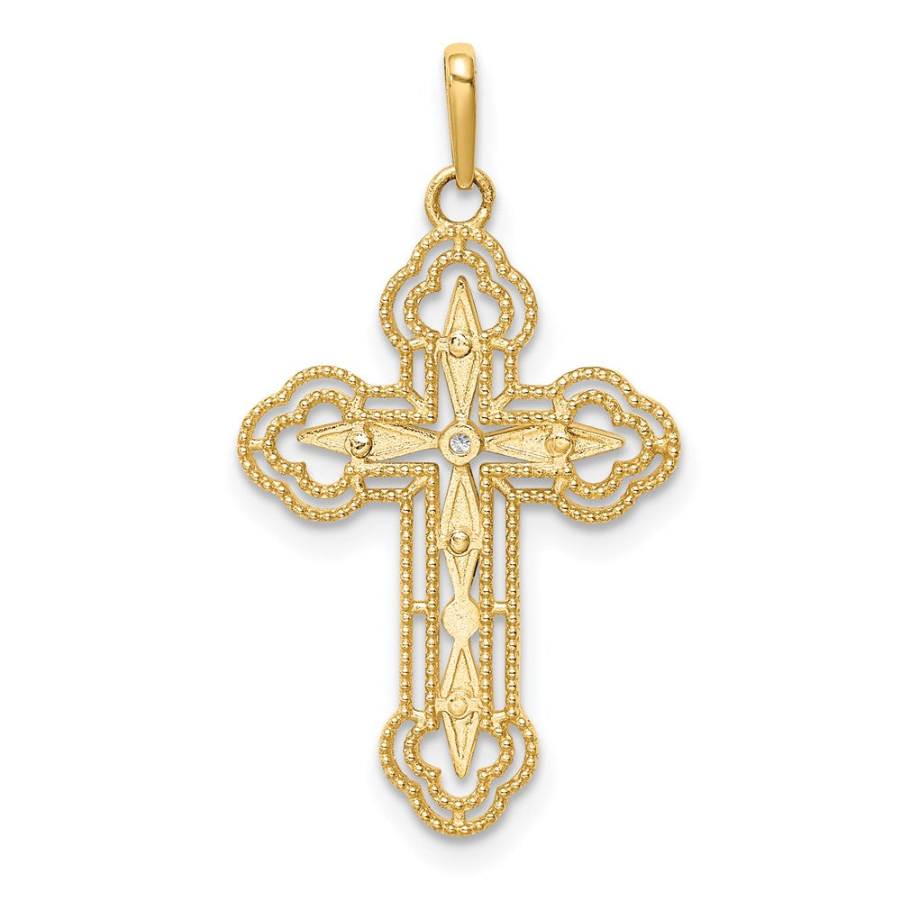 Million Charms 14K Yellow Gold Themed (Cubic Zirconia) CZ Diamond-Cut Relgious Cross Pendant