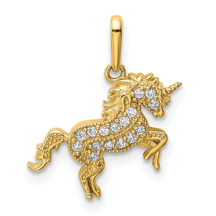 Million Charms 14K Yellow Gold Themed Rearing Unicorn (Cubic Zirconia) CZ Pendant