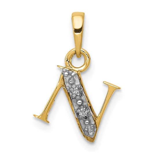 Million Charms 14K Yellow Gold Themed, Rhodium-plated Polished .01Ct Diamond Alphabet Letter Initial N Charm