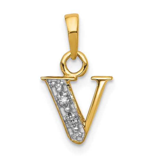 Million Charms 14K Yellow Gold Themed, Rhodium-plated Polished .01Ct Diamond Alphabet Letter Initial V Charm