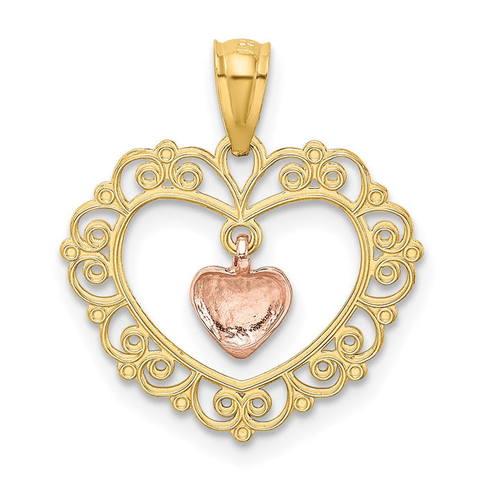 Million Charms 14K Yellow Gold Themed Two-Tone Polished Dangle Heart In Heart Pendant